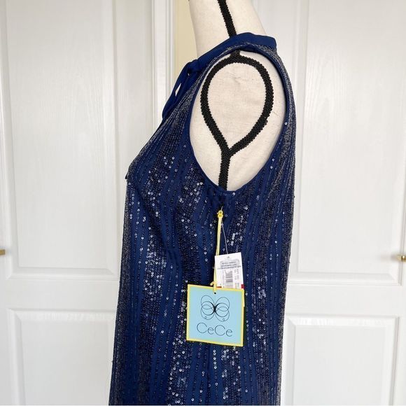 CeCe Size XS Navy & Black Sequin Layered Bow Tie Neck Sleeveless Cocktail Dress - Picture 14 of 15